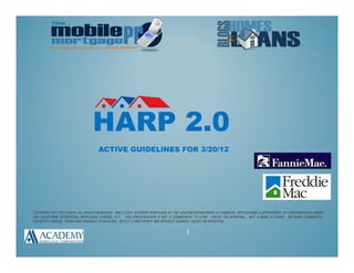 HARP 2.0
                                    ACTIVE GUIDELINES FOR 3/20/12




COPYRIGHT 2011 TED CANTO, ALL RIGHTS RESERVED. NMLS #1820. ACADEMY MORTGAGE BY THE ARIZONA DEPARTMENT OF FINANCIAL INSTITUTIONS & DEPARTMENT OF CORPORATIONS UNDER
THE CALIFORNIA RESIDENTIAL MORTGAGE LENDING ACT. THIS PRESENTATION IS NOT A COMMITMENT TO LEND. CREDIT ON APPROVAL. NOT A BANK ACCOUNT. NO BANK GUARANTEE.
PAYMENTS, DRAWS, TERMS AND VARIANCE IN RATE WILL AFFECT LOAN PAYOFF AND INTEREST SAVINGS. CREDIT ON APPROVAL.


                                                                                     1
 