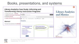 Books, presentations, and systems
September 12, 2018
Analytics Beyond Usage Numbers
3
 