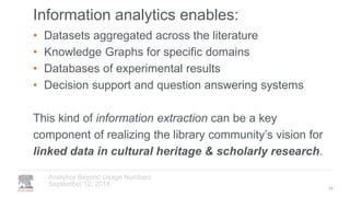 Information analytics enables:
September 12, 2018
Analytics Beyond Usage Numbers
• Datasets aggregated across the literature
• Knowledge Graphs for specific domains
• Databases of experimental results
• Decision support and question answering systems
This kind of information extraction can be a key
component of realizing the library community’s vision for
linked data in cultural heritage & scholarly research.
34
 