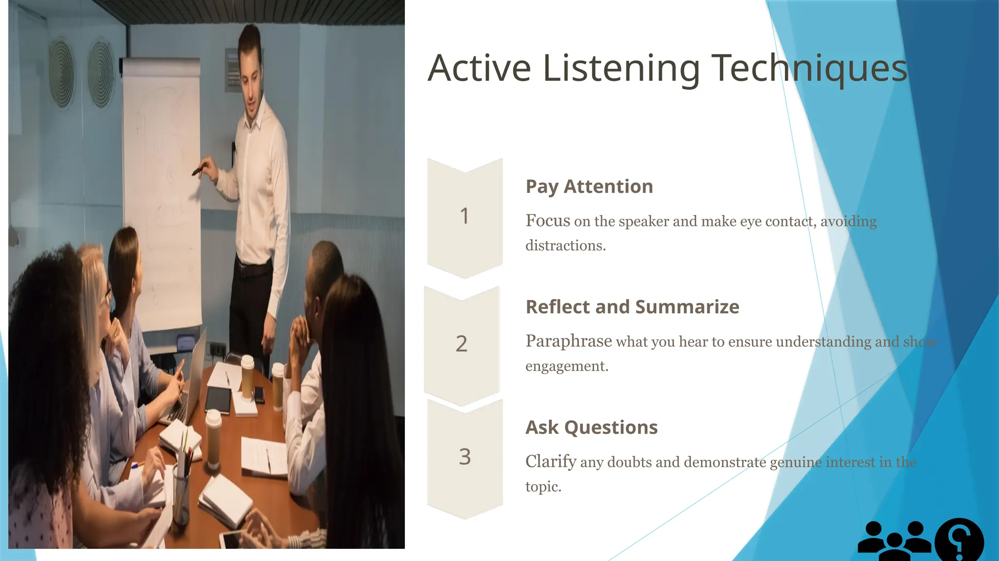 Active Listening Techniques
Pay Attention
Focus on the speaker and make eye contact, avoiding
distractions.
Reflect and Summarize
Paraphrase what you hear to ensure understanding and show
engagement.
Ask Questions
Clarify any doubts and demonstrate genuine interest in the
topic.
 