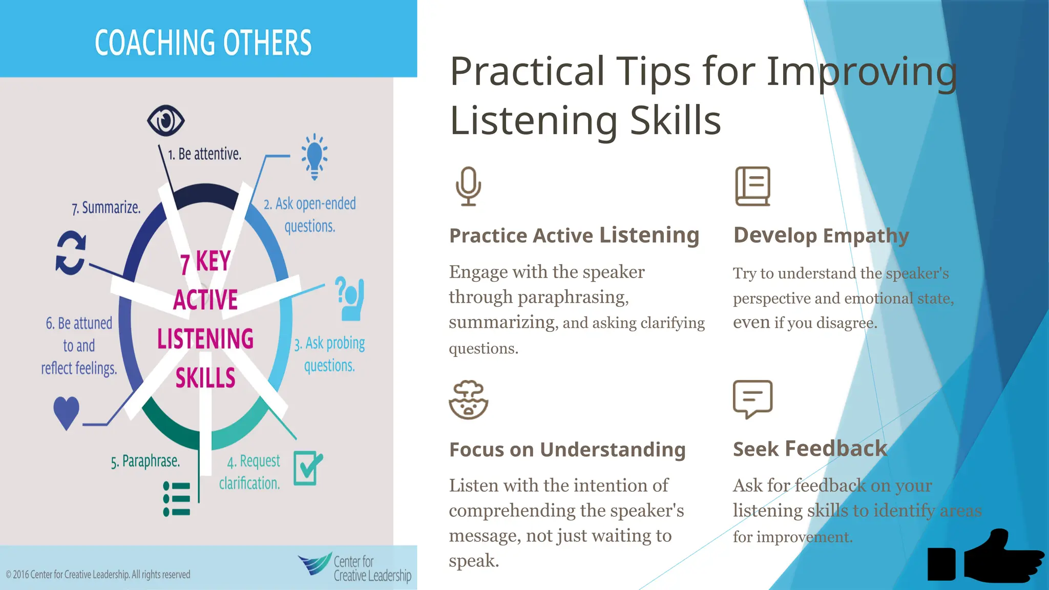 Practical Tips for Improving
Listening Skills
Practice Active Listening
Engage with the speaker
through paraphrasing,
summarizing, and asking clarifying
questions.
Develop Empathy
Try to understand the speaker's
perspective and emotional state,
even if you disagree.
Focus on Understanding
Listen with the intention of
comprehending the speaker's
message, not just waiting to
speak.
Seek Feedback
Ask for feedback on your
listening skills to identify areas
for improvement.
 