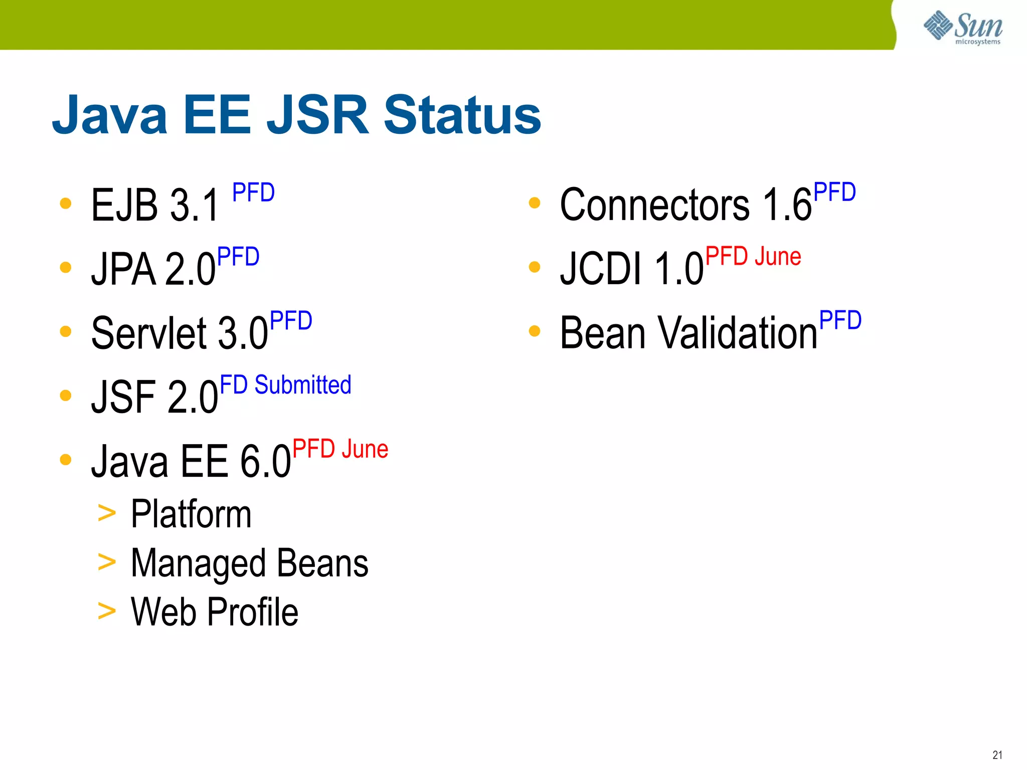Java EE JSR Status
•   EJB 3.1 PFD           • Connectors 1.6PFD
•   JPA 2.0PFD            • JCDI 1.0PFD June
•   Servlet 3.0 PFD
                          • Bean ValidationPFD
•   JSF 2.0FD Submitted
•   Java EE 6.0PFD June
    > Platform
    > Managed Beans
    > Web Profile


                                                 21
 