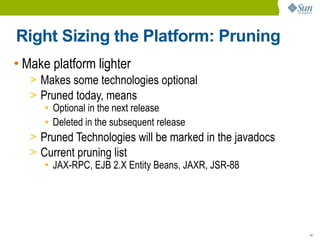 Right Sizing the Platform: Pruning
• Make platform lighter
   > Makes some technologies optional
   > Pruned today, means
      ● Optional in the next release

      ● Deleted in the subsequent release


   > Pruned Technologies will be marked in the javadocs
   > Current pruning list
      ● JAX-RPC, EJB 2.X Entity Beans, JAXR, JSR-88




                                                          14
 