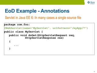 EoD Example - Annotations
Servlet in Java EE 6: In many cases a single source file
package com.foo;
@WebServlet(name=”MyServlet”, urlPattern=”/myApp/*”)
public class MyServlet {
   public void doGet(HttpServletRequest req,
             HttpServletResponse res)
   {
      ...
   }




                                                           19
 
