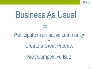 Business As Usual
       =
Participate in an active community
                 +
      Create a Great Product
                 +
       Kick Competitive Butt
                                     5
 