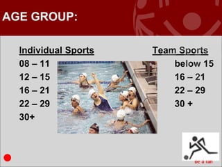 AGE GROUP:

  Individual Sports   Team Sports
  08 – 11                 below 15
  12 – 15                 16 – 21
  16 – 21                 22 – 29
  22 – 29                 30 +
  30+



                                18
 