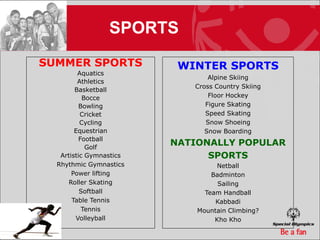 SPORTS
SUMMER SPORTS             WINTER SPORTS
         Aquatics
                                Alpine Skiing
         Athletics
                            Cross Country Skiing
        Basketball
           Bocce                Floor Hockey
          Bowling              Figure Skating
          Cricket              Speed Skating
          Cycling              Snow Shoeing
        Equestrian             Snow Boarding
          Football
            Golf
                         NATIONALLY POPULAR
   Artistic Gymnastics         SPORTS
  Rhythmic Gymnastics             Netball
       Power lifting             Badminton
      Roller Skating               Sailing
          Softball             Team Handball
       Table Tennis               Kabbadi
           Tennis            Mountain Climbing?
        Volleyball                Kho Kho
 