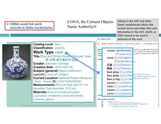 CONA, the Cultural Objects 
Name Authority® 
Sample record 
 CONA could link work 
records to Getty vocabularies 
ID: 700...