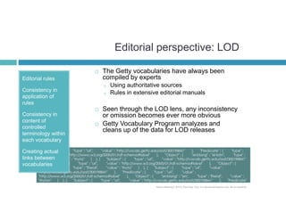 Editorial perspective: LOD 
AAT 
CONA 
TGN 
ULAN 
• From conceptual to 
actual links 
• Lookup lists had been based 
on AA...