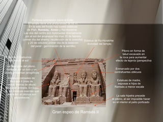 Gran espeo de Ramsés II Pilono en forma de talud excavado en la roca para aumentar  efecto de lejanía (perspectiva Estatuas colosales de Ramses II (más de veinte metros de altura) flanquean entrada. En lugar de ser estatuas exentas que preceden al pilonos son altosrelieves Friso de 33 babuinos adorando al sol Estatuas de madre, esposas e hijos de Ramsés a menor escala Perfecta orientación hacia el Este: El templo tiene una profundidad de 65 m. En la sala del fondo hay cuatro estatuas de Ptah,  Ramsés,  Amón  y Re-Horakhte .  Las dos del centro son iluminadas directamente por el sol del amanecer los días 20 de febrero (primer día del shemu: recolección de la cosecha) y 20 de octubre( primer día de la estación del peret : germinación de la semilla) Enmarcado por dos contrafuertes oblicuos Estatua de Ra-Horakhte divinidad del templo La falsa gola del pilono, formada por un toro y un caveto presentan jeroglíficos La sala hipetra precede al pilono, al ser imposible hacer en el interior el patio porticado 