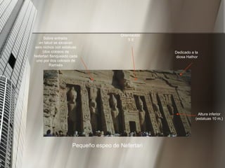 Pequeño espeo de Nefertari Dedicado a la diosa Hathor Sobre entrada en talud se excavan seis nichos con estatuas (dos colosos de Nefertari flanqueado cada uno por dos colosos de Ramsés Altura inferior (estatuas 10 m.) Orientación S E 