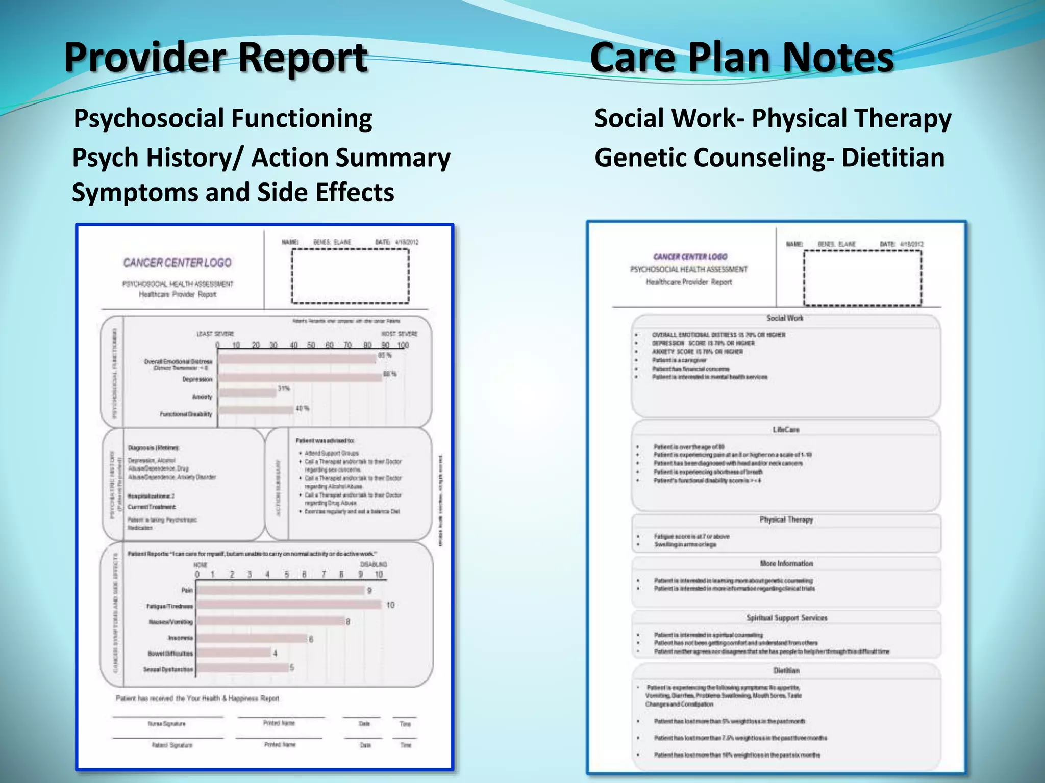 Provider Report Care Plan Notes 
Psychosocial Functioning Social Work- Physical Therapy 
Psych History/ Action Summary Genetic Counseling- Dietitian 
Symptoms and Side Effects 
 