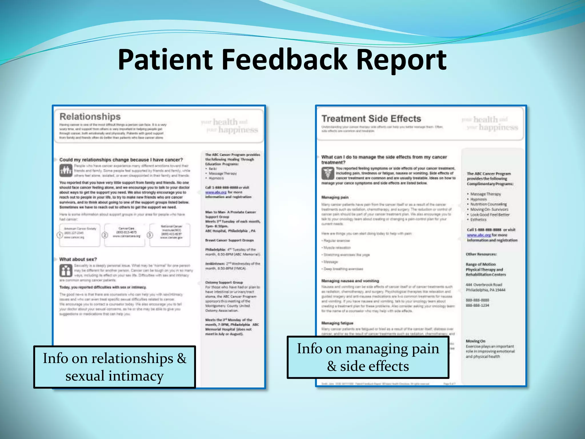 Patient Feedback Report 
Info on relationships & 
sexual intimacy 
Info on managing pain 
& side effects 
 