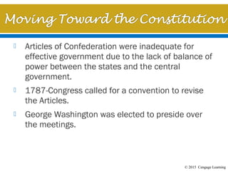 © 2015 Cengage Learning
 Articles of Confederation were inadequate for
effective government due to the lack of balance of
power between the states and the central
government.
 1787-Congress called for a convention to revise
the Articles.
 George Washington was elected to preside over
the meetings.
 