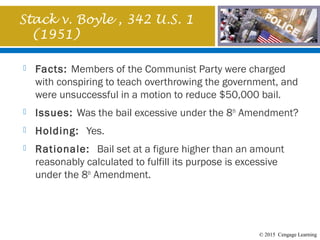© 2015 Cengage Learning
Stack v. Boyle , 342 U.S. 1
(1951)
 Facts: Members of the Communist Party were charged
with conspiring to teach overthrowing the government, and
were unsuccessful in a motion to reduce $50,000 bail.
 Issues: Was the bail excessive under the 8th
Amendment?
 Holding: Yes.
 Rationale: Bail set at a figure higher than an amount
reasonably calculated to fulfill its purpose is excessive
under the 8th
Amendment.
 