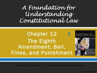  
© 2015 Cengage Learning
Prepared by Tony Wolusky, J.D. , Metropolitan State University of Denver
Chapter 12
The Eighth
Amendment: Bail,
Fines, and Punishment
 