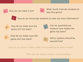 How can we assess system understanding? How do we make sure the game isn’t too hard? How do we make sure the game isn’t too easy? Which systems should be learned first? What would motivate students to play this game? Can we quantitatively measure how helpful the game has been? How can we make it fun? How do we know if these skills are translating to other areas? How do we encourage students to seek out more information? 1 2 3 4 6 5 7 