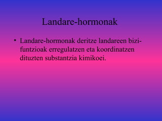 Landare-hormonak
• Landare-hormonak deritze landareen bizi-
  funtzioak erregulatzen eta koordinatzen
  dituzten substantzia kimikoei.
 
