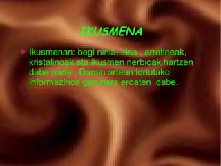 IKUSMENA 
 Ikusmenan: begi ninia, irisa , erretineak, 
kristalinoak eta ikusmen nerbioak hartzen 
dabe parte . Danan artean lortutako 
informazinoa garunera eroaten dabe. 
 