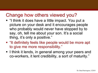 Change  how  others viewed you?  “ I think it does have a little impact. You put a picture on your desk and it encourages people who probably would never have stopped by to say, oh, tell me about your son. It’s a social  thing, it’s only a positive.” “ It definitely feels like people would be more apt to give me more responsibility.” I think it lends, in general among your peers and co-workers, it lent credibility, a sort of maturity.” 