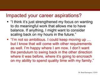 Impacted your career aspirations? “ I think it’s just strengthened my focus on wanting to do meaningful work that allows me to have balance. If anything, I might want to consider scaling back on my hours in the future.” “ I’m not so ambitious. I could keep moving up … but I know that will come with other requirements as well. I’m happy where I am now. I don’t want the pendulum to swing back in the other direction where it was before, where it’s going to encroach on my ability to spend quality time with my family.” 
