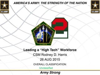 1
“AMERICA’S ARMY: THE STRENGTH OF THE NATION”Army Strong
AMERICA’S ARMY: THE STRENGTH OF THE NATION
Leading a “High Tech” Workforce
CSM Rodney D. Harris
26 AUG 2015
OVERALL CLASSIFICATION:
Unclassified//FOUO
 