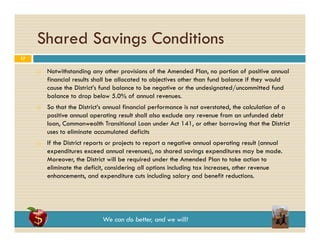 Shared Savings Conditions
g
17






Notwithstanding any other provisions of the Amended Plan, no portion of positive annual
financial results shall be allocated to objectives other than fund balance if they would
cause the District’s fund balance to be negative or the undesignated/uncommitted fund
balance to drop below 5.0% of annual revenues.
So that the District s annual financial performance is not overstated, the calculation of a
District’s
overstated
positive annual operating result shall also exclude any revenue from an unfunded debt
loan, Commonwealth Transitional Loan under Act 141, or other borrowing that the District
uses to eliminate accumulated deficits
If the District reports or projects to report a negative annual operating result (annual
expenditures exceed annual revenues), no shared savings expenditures may be made.
Moreover, the District will be required under the Amended Plan to take action to
eliminate the deficit, considering all options including tax increases, other revenue
,
g
p
g
,
enhancements, and expenditure cuts including salary and benefit reductions.

We can do better, and we will!

 