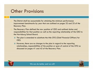 Other Provisions
18




The District shall be accountable for attaining the minimum performance
improvement benchmarks by year that are outlined on pages 32 and 33 of the
Recovery Plan.
The Recovery Plan defined the new position of CEO and outlined duties and
responsibilities f th t position as well as th reporting relationship of th CEO t
ibiliti for that
iti
ll the
ti
l ti hi f the
to
the Harrisburg School Board.


The plan is amended to substitute the title CFO (Chief Financial Officer) for
CEO.
CEO



However, there are no changes to the plan in regard to the reporting
relationships, responsibilities of the position or span of control of the CFO as
discussed on pages 41 and 42 of the Recovery Plan.

We can do better, and we will!

 
