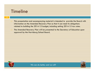 Timeline
19




This presentation and accompanying material is intended to provide the Board with
information on the Amended Recovery Plan so that it can meet its obligations
related to building the 2014-15 budget, including setting 2014-15 tax rates.
The Amended Recovery Plan will be presented to the Secretary of Education upon
approval by the Harrisburg School Board.
l b th H i b
S h lB d

We can do better, and we will!

 