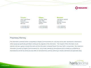 Toronto

Ottawa

Montreal

2345 Yonge Street
Suite 405
Toronto, Ontario
M4P 2E5

160 Elgin Street
Suite 1820
Ottawa, Ontario
K2P 2P7

1080 Beaver Hall Hill
Suite 400
Montreal, Quebec
H2Z 1S8

t: (416) 962-2013
f: (416) 962-0505

t: (613) 230-2200
f: (613) 230-9048

t: (514) 288-0037
f: (514) 288-0138

Proprietary Warning
The information contained herein is proprietary to Rogers Communications Inc. and may not be used, reproduced or disclosed to
others except as specifically permitted in writing by the originator of the information. The recipient of this information, by its
retention and use, agrees to protect the same and the information contained therein from loss, theft or compromise. Any material or
information provided by Rogers Communications Inc. and all data collected by Harris/Decima will be treated as confidential by
Harris/Decima and will be stored securely while on Harris/Decima's premise (adhering to industry standards and applicable laws).

© Harris/Decima

2

 