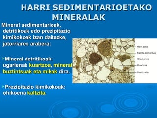 HARRI SEDIMENTARIOETAKOHARRI SEDIMENTARIOETAKO
MINERALAKMINERALAK
Mineral sedimentarioak,Mineral sedimentarioak,
detritikoak edo prezipitaziodetritikoak edo prezipitazio
kimikokoak izan daitezke,kimikokoak izan daitezke,
jatorriaren arabera:jatorriaren arabera:
Mineral detritikoak:Mineral detritikoak:
ugarienakugarienak kuartzoakuartzoa,, mineralmineral
buztintsuak eta mikakbuztintsuak eta mikak dira.dira.
Prezipitazio kimikokoak:Prezipitazio kimikokoak:
ohikoenaohikoena kaltzitakaltzita..
 