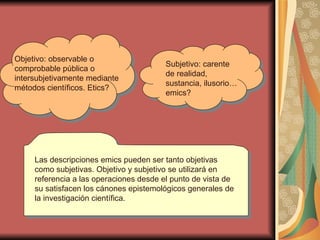 Objetivo: observable o comprobable pública o intersubjetivamente mediante métodos científicos. Etics? Subjetivo: carente de realidad, sustancia, ilusorio… emics? Las descripciones emics pueden ser tanto objetivas como subjetivas. Objetivo y subjetivo se utilizará en referencia a las operaciones desde el punto de vista de su satisfacen los cánones epistemológicos generales de la investigación científica. 
