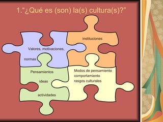1.“¿Qué es (son) la(s) cultura(s)?” Pensamientos Valores, motivaciones,  instituciones normas Modos de pensamiento comportamiento rasgos culturales ideas actividades 