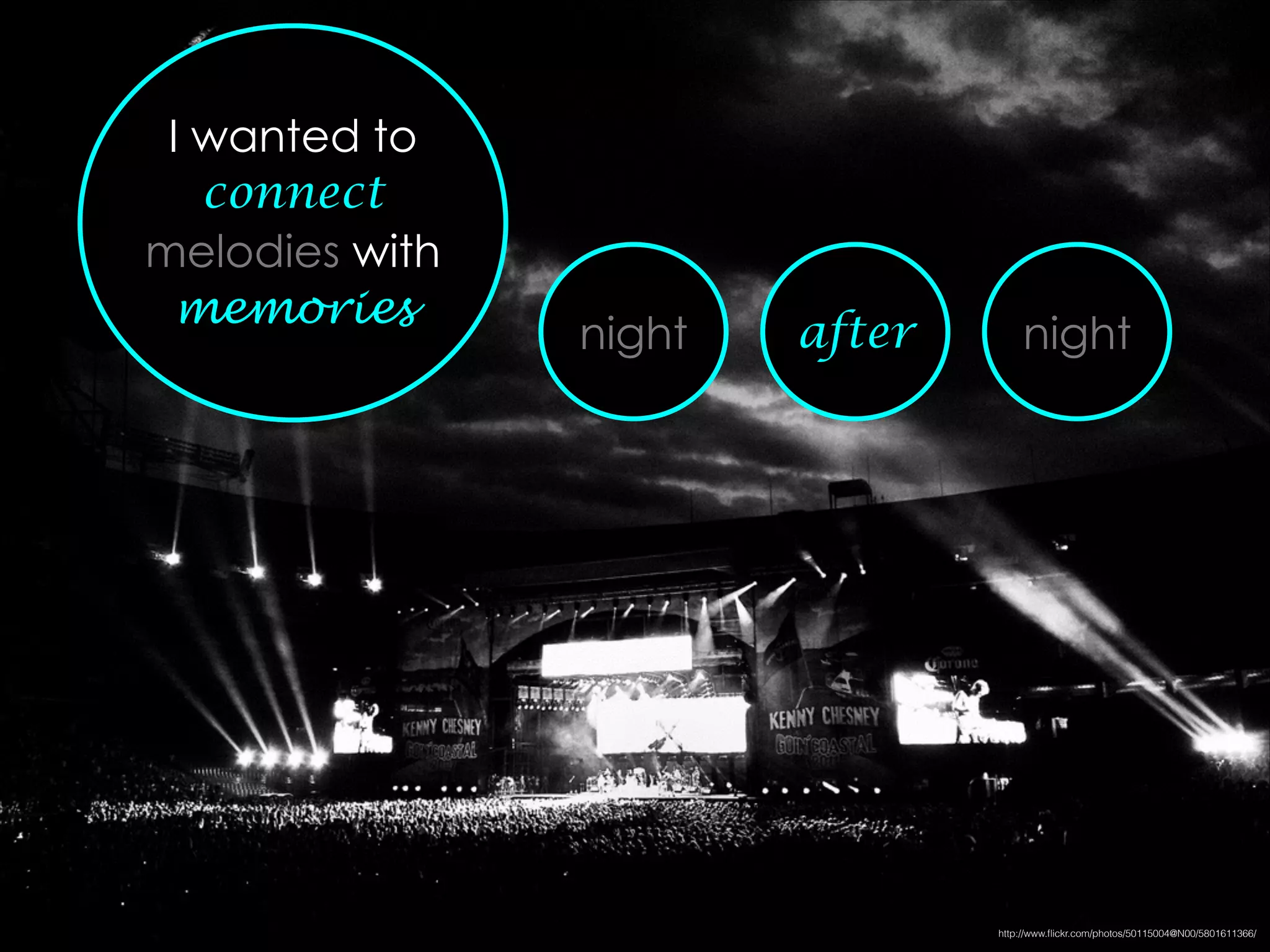 night
I wanted to
connect
melodies with
memories
after night
http://www.ﬂickr.com/photos/50115004@N00/5801611366/
 