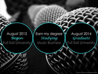 August 2012
Begin
Full Sail University
Earn my degree
Studying
Music Business
August 2014
Graduate
Full Sail University
http://www.ﬂickr.com/photos/98274023@N00/2082535909/#
 