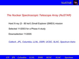 NuSTAR



The Nuclear Spectroscopic Telescope Array (NuSTAR)


  Hard X-ray (5 - 80 keV) Small Explorer (SMEX) mission

  Selected 11/2003 for a Phase A study

  Downselection 11/2005


  Caltech, JPL, Columbia, LLNL, DSRI, UCSC, SLAC, Spectrum Astro




CIT   JPL   Columbia   LLNL   DSRI       UCSC   SLAC      Spectrum
 
