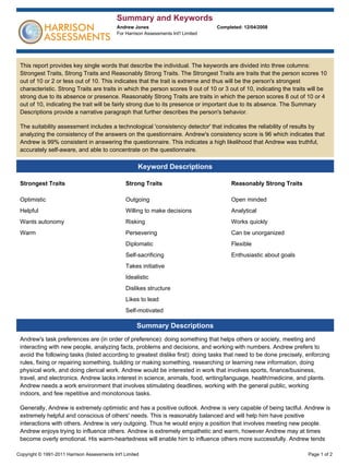 Harrison Assessments Sample Report Summary & Keywords