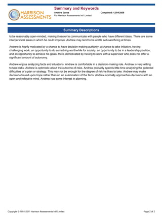 Harrison Assessments Sample Report Summary & Keywords