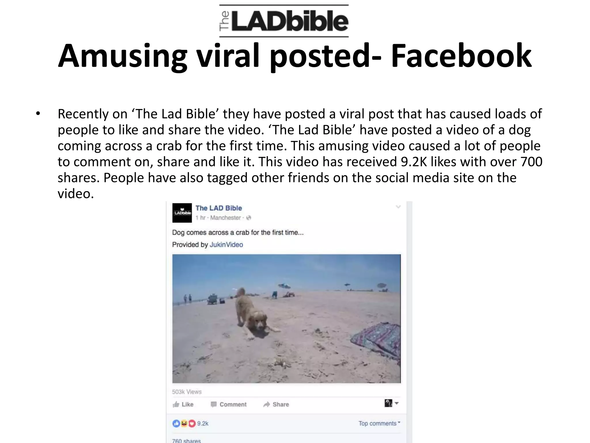 Amusing viral posted- Facebook
• Recently on ‘The Lad Bible’ they have posted a viral post that has caused loads of
people to like and share the video. ‘The Lad Bible’ have posted a video of a dog
coming across a crab for the first time. This amusing video caused a lot of people
to comment on, share and like it. This video has received 9.2K likes with over 700
shares. People have also tagged other friends on the social media site on the
video.
 
