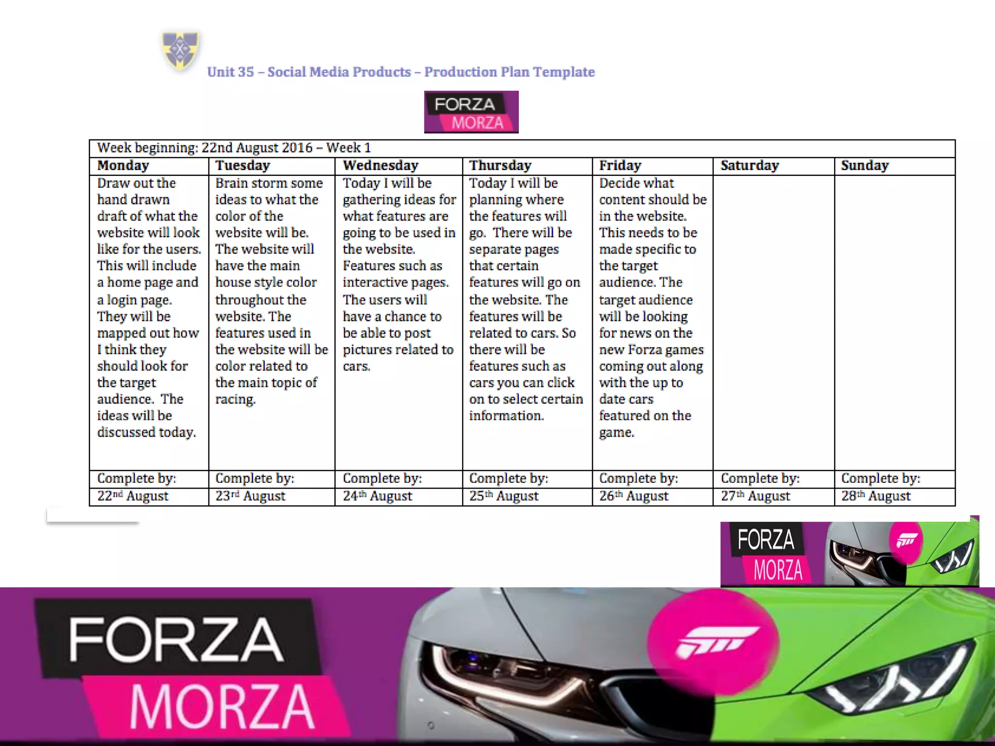 Production plan week 1
 