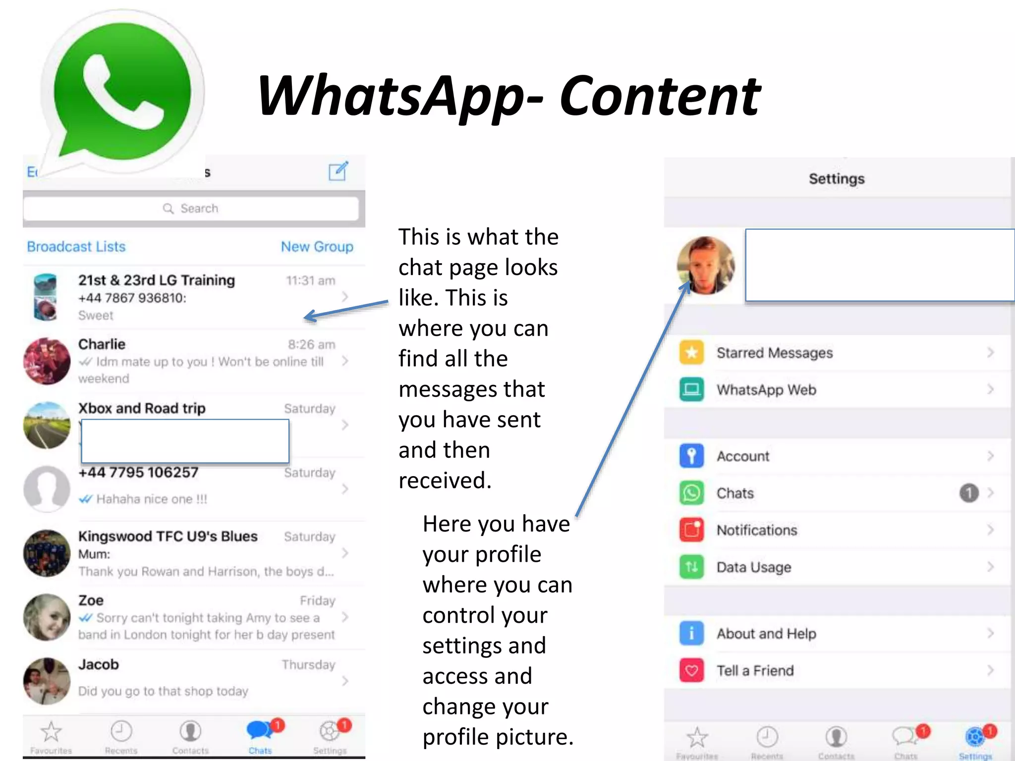 WhatsApp- Content
This is what the
chat page looks
like. This is
where you can
find all the
messages that
you have sent
and then
received.
Here you have
your profile
where you can
control your
settings and
access and
change your
profile picture.
 