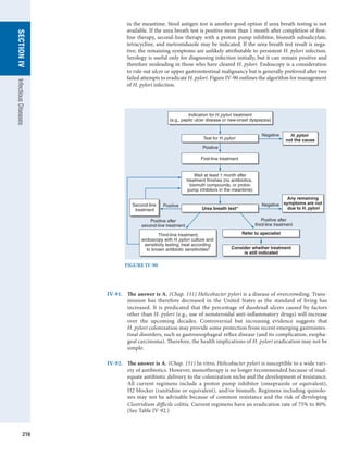 216
SECTION
IV
Infectious
Diseases
in the meantime. Stool antigen test is another good option if urea breath testing is not
available. If the urea breath test is positive more than 1 month after completion of first-
line therapy, second-line therapy with a proton pump inhibitor, bismuth subsalicylate,
tetracycline, and metronidazole may be indicated. If the urea breath test result is nega-
tive, the remaining symptoms are unlikely attributable to persistent H. pylori infection.
Serology is useful only for diagnosing infection initially, but it can remain positive and
therefore misleading in those who have cleared H. pylori. Endoscopy is a consideration
to rule out ulcer or upper gastrointestinal malignancy but is generally preferred after two
failed attempts to eradicate H. pylori. Figure IV-90 outlines the algorithm for management
of H. pylori infection.
FIGURE IV-90
Indication for H. pylori treatment
(e.g., peptic ulcer disease or new-onset dyspepsia)
Test for H. pylori
Urea breath test*
Any remaining
symptoms are not
due to H. pylori
H. pylori
not the cause
Second-line
treatment
First-line treatment
Positive after
second-line treatment
Wait at least 1 month after
treatment finishes (no antibiotics,
bismuth compounds, or proton
pump inhibitors in the meantime)
Third-line treatment;
endoscopy with H. pylori culture and
sensitivity testing; treat according
to known antibiotic sensitivities†
Positive after
third-line treatment
Negative
Negative
Positive
Positive
Refer to specialist
Consider whether treatment
is still indicated
IV-91.	 The answer is A. (Chap. 151) Helicobacter pylori is a disease of overcrowding. Trans-
mission has therefore decreased in the United States as the standard of living has
increased. It is predicated that the percentage of duodenal ulcers caused by factors
other than H. pylori (e.g., use of nonsteroidal anti-inflammatory drugs) will increase
over the upcoming decades. Controversial but increasing evidence suggests that
H. pylori colonization may provide some protection from recent emerging gastrointes-
tinal disorders, such as gastroesophageal reflux disease (and its complication, esopha-
geal carcinoma). Therefore, the health implications of H. pylori eradication may not be
simple.
IV-92.	 The answer is A. (Chap. 151) In vitro, Helicobacter pylori is susceptible to a wide vari-
ety of antibiotics. However, monotherapy is no longer recommended because of inad-
equate antibiotic delivery to the colonization niche and the development of resistance.
All current regimens include a proton pump inhibitor (omeprazole or equivalent),
H2 blocker (ranitidine or equivalent), and/or bismuth. Regimens including quinolo-
nes may not be advisable because of common resistance and the risk of developing
Clostridium difficile colitis. Current regimens have an eradication rate of 75% to 80%.
(See Table IV-92.)
 