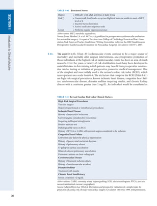 36
SECTION
I
SECTION
I
Introduction
to
Clinical
Medicine
TABLE I-40  Functional Status
Higher •  Difficulty with adult activities of daily living
Risk •  
Cannot walk four blocks or up two flights of stairs or unable to meet a MET
level of 4
•  Inactive but no limitation
•  Active: easily does vigorous tasks
Lower •  Performs regular vigorous exercises
Abbreviation: MET, metabolic equivalents.
Source: From Fleisher LA et al: ACC/AHA guideline for perioperative cardiovascular evaluation
for noncardiac surgery: A report of the American College of Cardiology/American Heart Asso-
ciation Task Force on Practice Guidelines (Writing Committee to Revise the 2002 Guidelines on
Perioperative Cardiovascular Evaluation for Noncardiac Surgery). Circulation 116:1971, 2007.
I-41.	 The answer is D. (Chap. 8) Cardiovascular events continue to be a major source of
morbidity and mortality after surgical interventions, and preoperative prediction of
those individuals at the highest risk of cardiovascular events has been an area of much
research. Over the years, a variety of risk stratification tools have been developed to
assist clinicians in determining which patients may benefit from preoperative noninva-
sive cardiac testing or initiation of preoperative preventive medical management. One
of the simplest and most widely used is the revised cardiac risk index (RCRI), which
scores patients on a scale from 0–6. The six factors that comprise the RCRI (Table I-41)
are high-risk surgical procedures, known ischemic heart disease, congestive heart fail-
ure, cerebrovascular disease, diabetes mellitus requiring insulin, and chronic kidney
disease with a creatinine greater than 2 mg/dL. An individual would be considered as
↔
TABLE I-41  Revised Cardiac Risk Index Clinical Markers
High-Risk Surgical Procedures
Vascular surgery
Major intraperitoneal or intrathoracic procedures
Ischemic Heart Disease
History of myocardial infarction
Current angina considered to be ischemic
Requiring sublingual nitroglycerin
Positive exercise test
Pathological Q waves on ECG
History of PTCA or CABG with current angina considered to be ischemic
Congestive Heart Failure
Left ventricular failure by physical examination
History of paroxysmal nocturnal dyspnea
History of pulmonary edema
S3 gallop on cardiac auscultation
Bilateral rales on pulmonary auscultation
Pulmonary edema on chest radiograph
Cerebrovascular Disease
History of transient ischemic attack
History of cerebrovascular accident
Diabetes Mellitus
Treatment with insulin
Chronic Renal Insufficiency
Serum creatinine 2 mg/dL
Abbreviations: CABG, coronary artery bypass grafting; ECG, electrocardiogram; PTCA, percuta-
neous transluminal coronary angioplasty.
Source: Adapted from Lee TH et al: Derivation and prospective validation of a simple index for
prediction of cardiac risk of major noncardiac surgery. Circulation 100:1043, 1999, with permission.
 