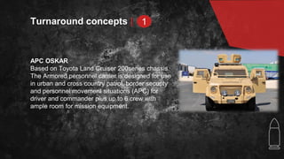 1
APC OSKAR
Based on Toyota Land Cruiser 200series chassis.
The Armored personnel carrier is designed for use
in urban and cross country patrol, border security
and personnel movement situations (APC) for
driver and commander plus up to 6 crew with
ample room for mission equipment.
Turnaround concepts |
 