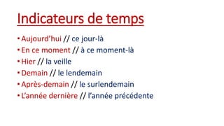 Indicateurs de temps
• Aujourd’hui // ce jour-là
• En ce moment // à ce moment-là
• Hier // la veille
• Demain // le lendemain
• Après-demain // le surlendemain
• L’année dernière // l’année précédente
 