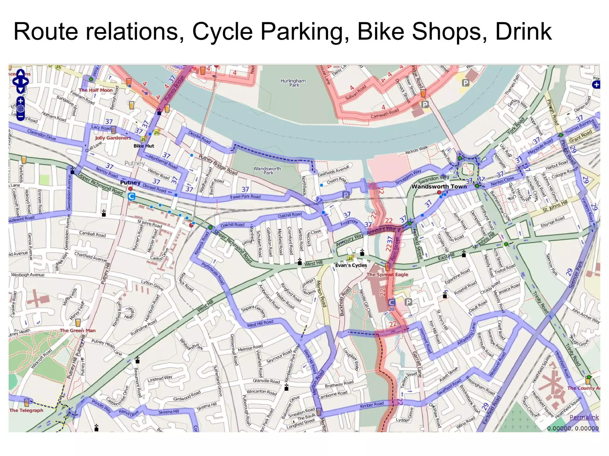 Route relations, Cycle Parking, Bike Shops, Drink
 