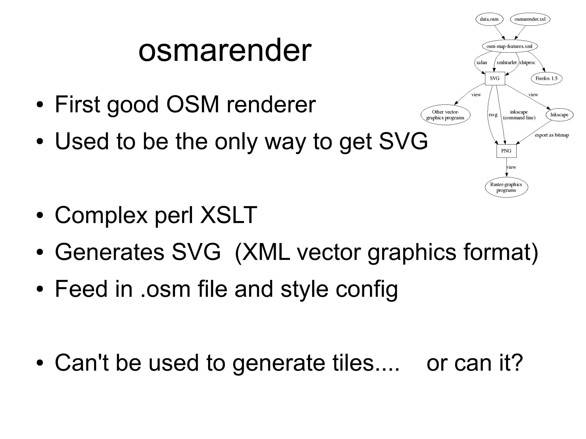 osmarender
● First good OSM renderer
● Used to be the only way to get SVG
● Complex perl XSLT
● Generates SVG (XML vector graphics format)
● Feed in .osm file and style config
● Can't be used to generate tiles.... or can it?
 