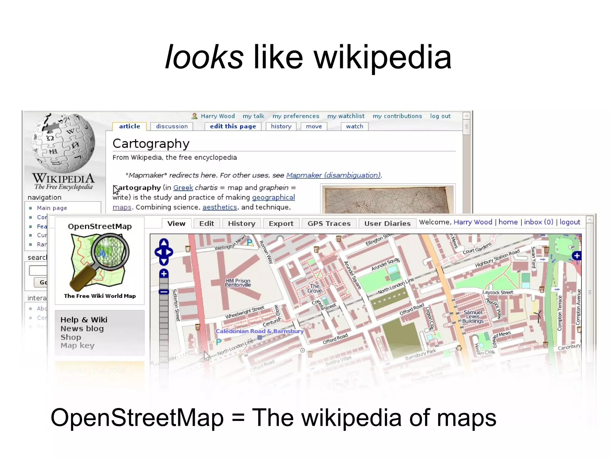 looks like wikipedia
OpenStreetMap = The wikipedia of maps
 
