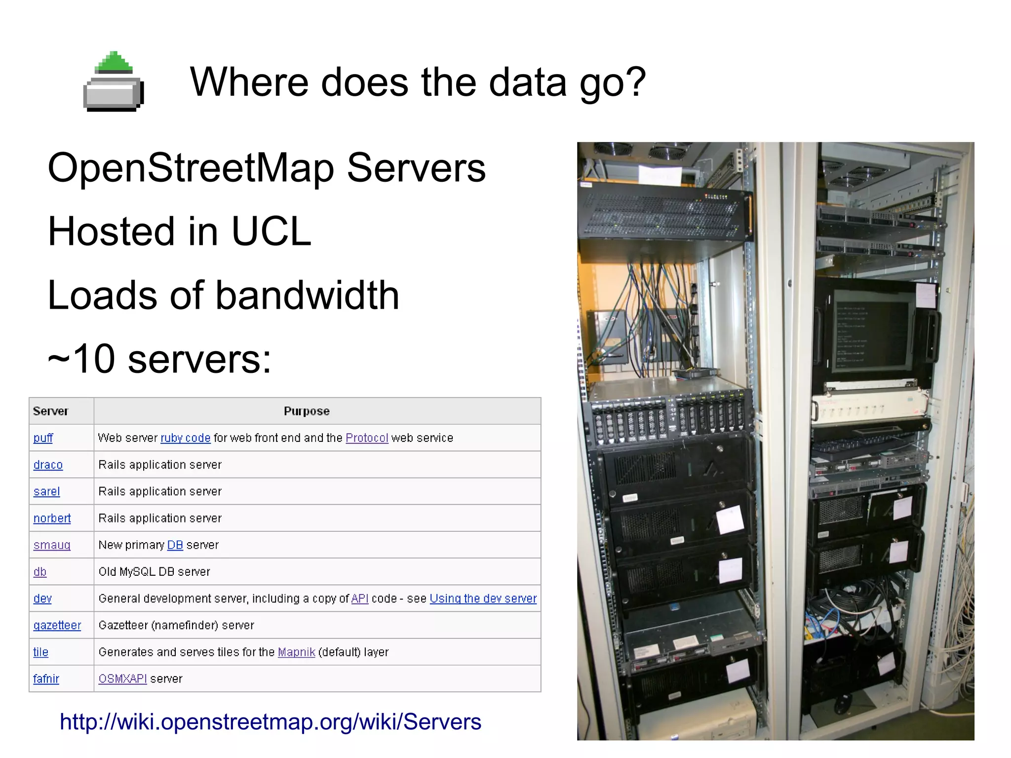 OpenStreetMap Servers
Hosted in UCL
Loads of bandwidth
~10 servers:
Where does the data go?
http://wiki.openstreetmap.org/wiki/Servers
 
