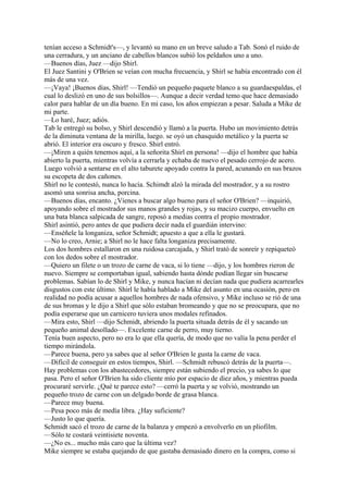 tenían acceso a Schmidt's—, y levantó su mano en un breve saludo a Tab. Sonó el ruido de
una cerradura, y un anciano de cabellos blancos subió los peldaños uno a uno.
—Buenos días, Juez —dijo Shirl.
El Juez Santini y O'Brien se veían con mucha frecuencia, y Shirl se había encontrado con él
más de una vez.
—¡Vaya! ¡Buenos días, Shirl! —Tendió un pequeño paquete blanco a su guardaespaldas, el
cual lo deslizó en uno de sus bolsillos—. Aunque a decir verdad temo que hace demasiado
calor para hablar de un día bueno. En mi caso, los años empiezan a pesar. Saluda a Mike de
mi parte.
—Lo haré, Juez; adiós.
Tab le entregó su bolso, y Shirl descendió y llamó a la puerta. Hubo un movimiento detrás
de la diminuta ventana de la mirilla, luego. se oyó un chasquido metálico y la puerta se
abrió. El interior era oscuro y fresco. Shirl entró.
—¡Miren a quién tenemos aquí, a la señorita Shirl en persona! —dijo el hombre que había
abierto la puerta, mientras volvía a cerrarla y echaba de nuevo el pesado cerrojo de acero.
Luego volvió a sentarse en el alto taburete apoyado contra la pared, acunando en sus brazos
su escopeta de dos cañones.
Shirl no le contestó, nunca lo hacía. Schimdt alzó la mirada del mostrador, y a su rostro
asomó una sonrisa ancha, porcina.
—Buenos días, encanto. ¿Vienes a buscar algo bueno para el señor O'Brien? —inquirió,
apoyando sobre el mostrador sus manos grandes y rojas, y su macizo cuerpo, envuelto en
una bata blanca salpicada de sangre, reposó a medias contra el propio mostrador.
Shirl asintió, pero antes de que pudiera decir nada el guardián intervino:
—Enséñele la longaniza, señor Schmidt; apuesto a que a ella le gustará.
—No lo creo, Arnie; a Shirl no le hace falta longaniza precisamente.
Los dos hombres estallaron en una ruidosa carcajada, y Shirl trató de sonreír y repiqueteó
con los dedos sobre el mostrador.
—Quiero un filete o un trozo de carne de vaca, si lo tiene —dijo, y los hombres rieron de
nuevo. Siempre se comportaban igual, sabiendo hasta dónde podían llegar sin buscarse
problemas. Sabían lo de Shirl y Mike, y nunca hacían ni decían nada que pudiera acarrearles
disgustos con este último. Shirl le había hablado a Mike del asunto en una ocasión, pero en
realidad no podía acusar a aquellos hombres de nada ofensivo, y Mike incluso se rió de una
de sus bromas y le dijo a Shirl que sólo estaban bromeando y que no se preocupara, que no
podía esperarse que un carnicero tuviera unos modales refinados.
—Mira esto, Shirl —dijo Schmidt, abriendo la puerta situada detrás de él y sacando un
pequeño animal desollado—. Excelente carne de perro, muy tierno.
Tenía buen aspecto, pero no era lo que ella quería, de modo que no valía la pena perder el
tiempo mirándola.
—Parece buena, pero ya sabes que al señor O'Brien le gusta la carne de vaca.
—Difícil de conseguir en estos tiempos, Shirl. —Schmidt rebuscó detrás de la puerta—.
Hay problemas con los abastecedores, siempre están subiendo el precio, ya sabes lo que
pasa. Pero el señor O'Brien ha sido cliente mío por espacio de diez años, y mientras pueda
procuraré servirle. ¿Qué te parece esto? —cerró la puerta y se volvió, mostrando un
pequeño trozo de carne con un delgado borde de grasa blanca.
—Parece muy buena.
—Pesa poco más de medía libra. ¿Hay suficiente?
—Justo lo que quería.
Schmidt sacó el trozo de carne de la balanza y empezó a envolverlo en un pliofilm.
—Sólo te costará veintisiete noventa.
—¿No es... mucho más caro que la última vez?
Mike siempre se estaba quejando de que gastaba demasiado dinero en la compra, como si

 